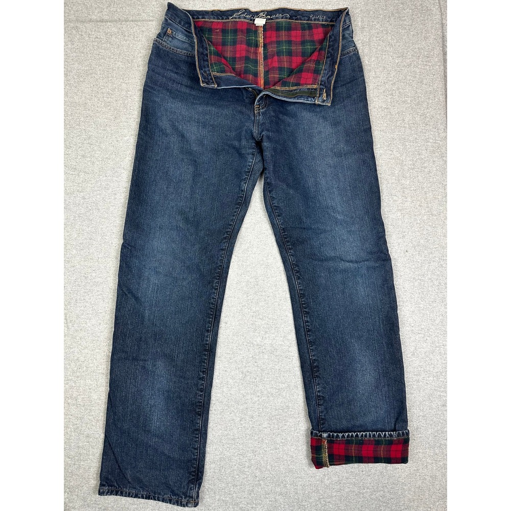 Eddie Bauer Flannel Lined Jeans Mens 36x36 (33" inseam) Blue Plaid Straight Leg‎